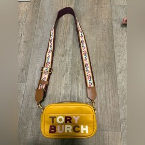 Tory Burch Mustard Crossbody Bag with Floral Strap